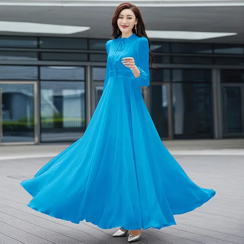 

2024 Spring Summer New Long Sleeves Large Swing Chiffon Dress Women's Fashion Temperament Slim Tourist Vacation Beach Dresses