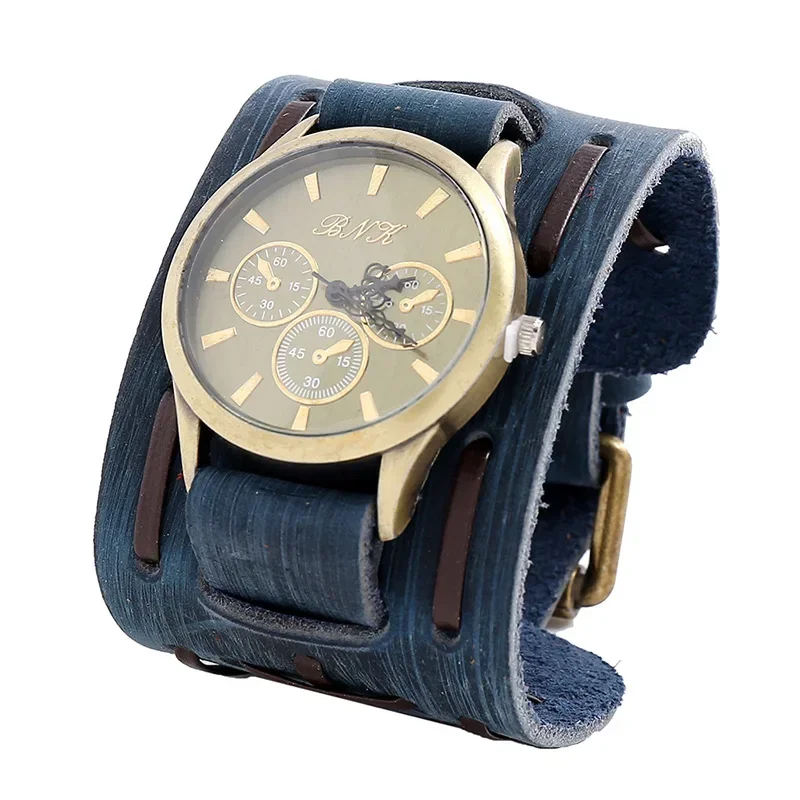 Relogio Masculi Retro Big Wide Genuine Leather Strap Watch Men Punk  Quartz Cuff Watch Wristwatches Bracelet Unusual Wrist Watch 6