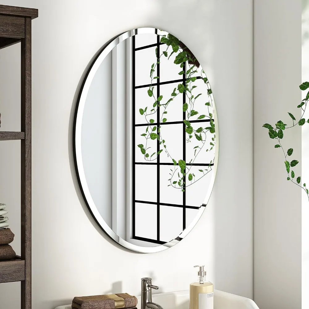 Oval Frameless Mirror - Beveled Polished Wall Mirror for Bathroom, Vanity, Bedroom