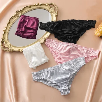 Intimo da donna in raso di seta lucido a vita bassa, comodi slip da donna con volant in raso, mutandine femminili sexy e senza cuciture