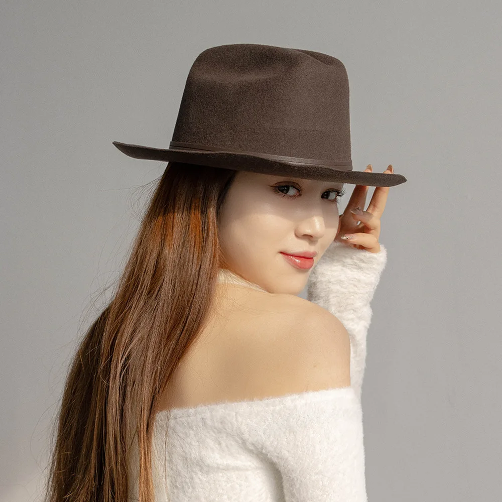 Damen-Fedora-Hut aus 100 % Wolle, Trilby-Kappen, breite Upturn-Krempe, Jazz-Kappe mit Pfeil, Ledergürtel für kirchliche Hochzeitsfeier – Detail 11