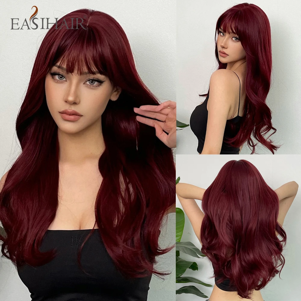 

EASIHAIR Long Wavy Wine Red Burgundy Synthetic Wigs with Bangs Red Brown Cosplay Daily Hair Wigs for Women Heat Resistant Fiber
