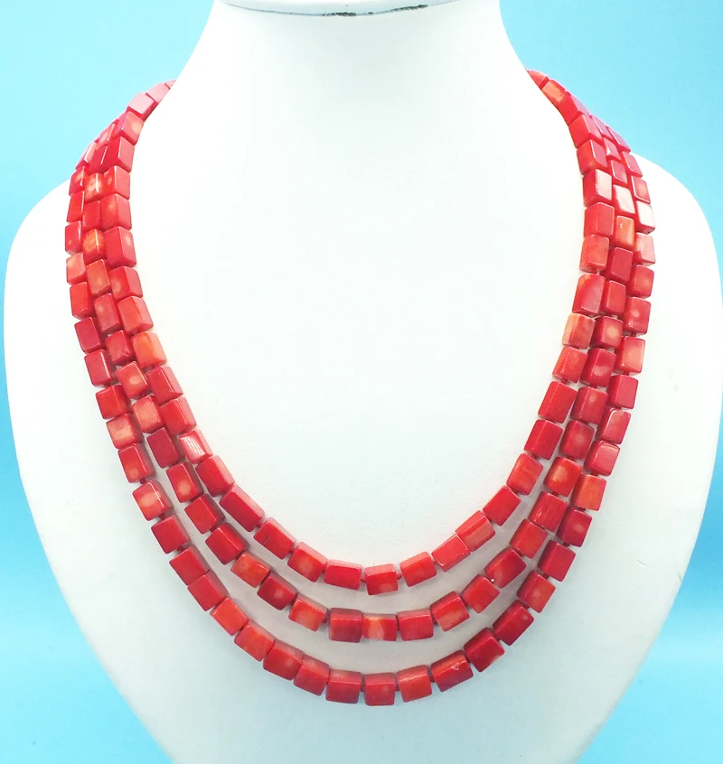 

3 rows of natural red coral necklaces. Classic ladies wedding anniversary necklace ,-- 19"-22"