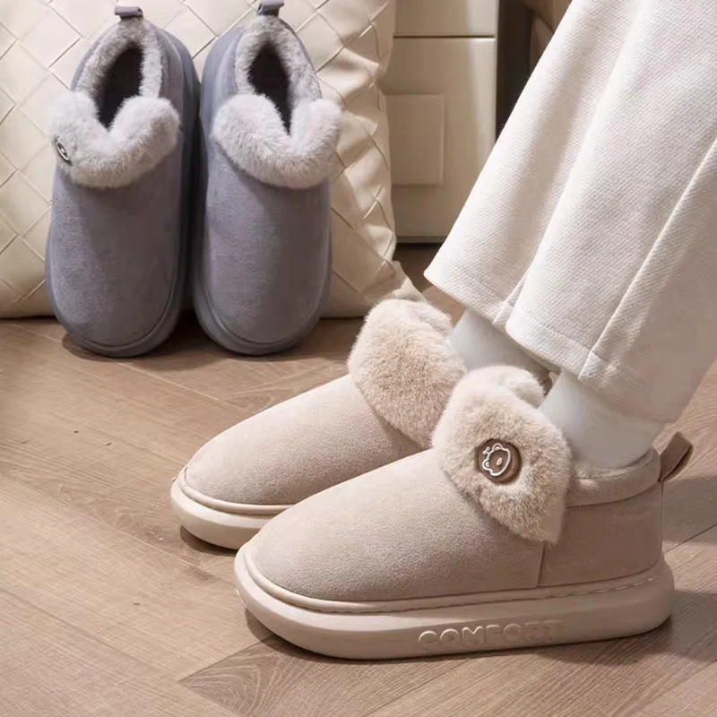 Winter Warme Hausschuhe Indoor Outdoor Baumwolle Plüsch Schuhe Eva Leichte Gemütliche Pelz Futter Für Männer Frauen Familie Komfort
