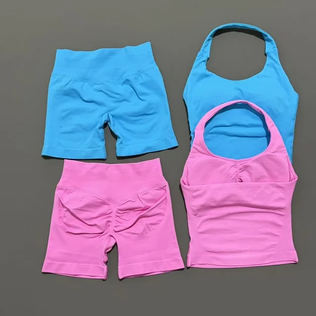 2 Pcs HISTELLO Halter Top Strappy Bra Shorts Set Women Yoga Workout Clothes Seamless Vest Hip-Lifting Sports Leggings Gym Suit