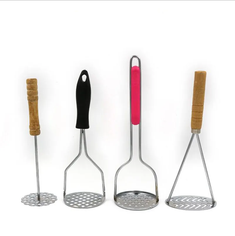 Wooden Handle Stainless Steel Potato Masher with Broad Mashing Plate Mashed Potatoes Making Tools Fruit Vegetable Press Crusher Vegetable Cutter