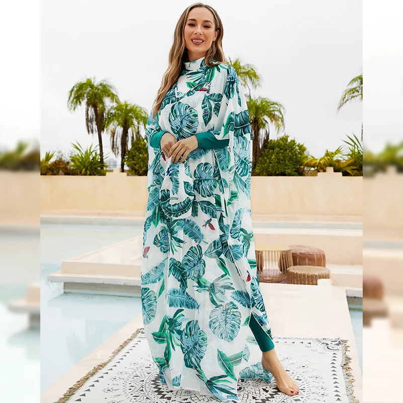 New Burkini Muslim women's swimsuit green leaf print full cover diving surf swimsuit four-piece beach sun protection swimsuit