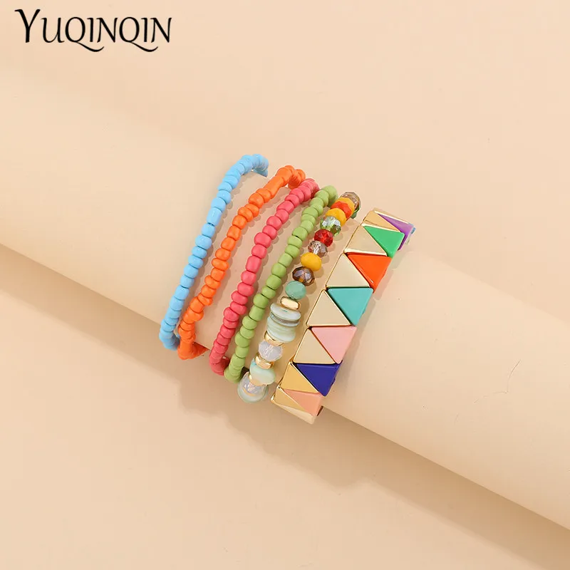 Beaded bracelet acrylic bohemian set for women men multi-layer seed beads chain bangles charm jewelry