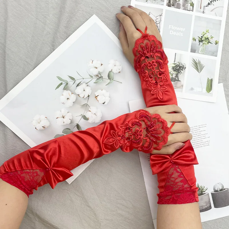 

TG-21 Exquisite Wedding Bridal Long Gloves Lace Satin Beading Bow Handmade Bridesmaid Women Pageant Perform Prom Gloves