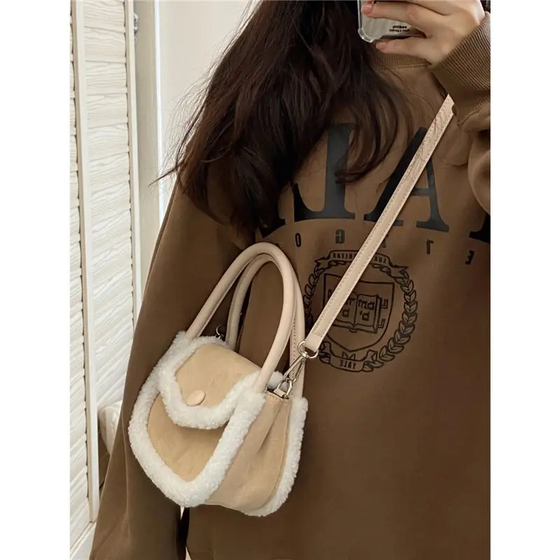 JIAERDI Sweet Cute Plush Handbag Women Khaki Panel Square Shoulder Bag Ladies Korean 2025 New Autumn Winter Casual Crossbody Bag