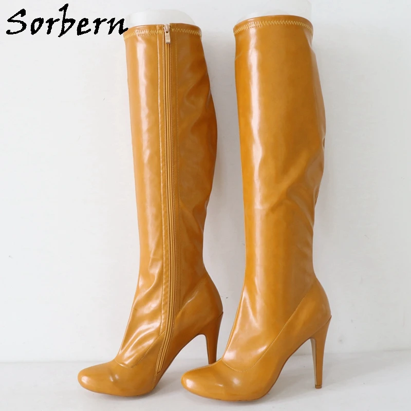 

Sorbern Ginger Yellow Oil Knee High Boots Women Plus Size Eu48 Stilettos Cute Round Toe Zip Up Ladies Shoes Custom Colors