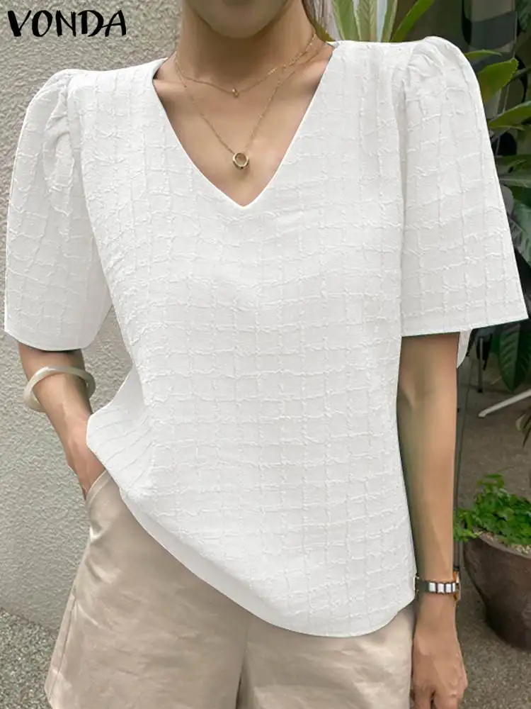 

2024 VONDA Blouse Fashion Sexy V Neck Summer Tunic Tops Women Elegant Solid Color Shirt Short Puff Sleeve Casual Blusas Feminina