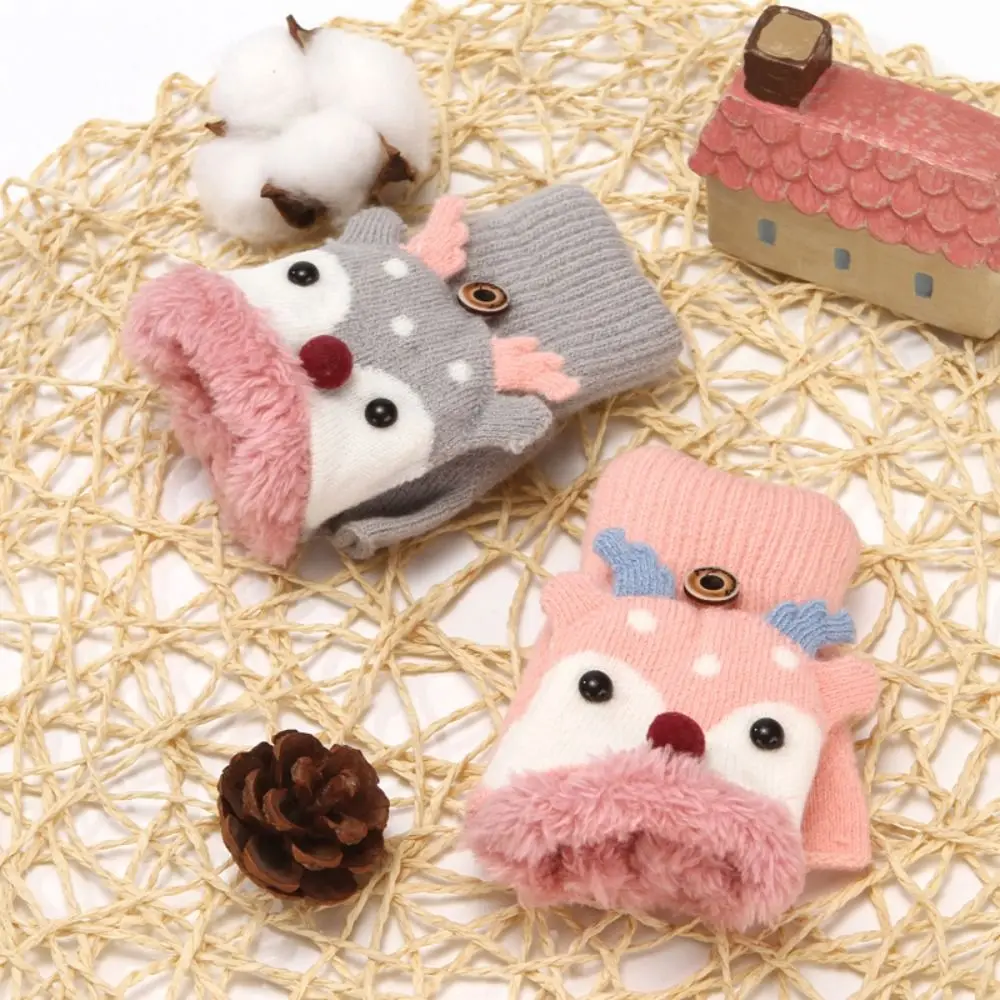 Winter Warm Mittens Cold protection Kids Fingerless Gloves Children Christmas Gloves Plush Clamshell Half Finger