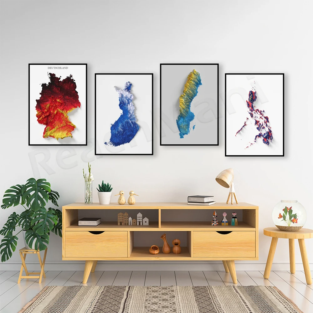 Canada-Filippine-Ucraina-Danimarca-Australia-Finlandia-Svezia-Germania Ombreggiato Rilievo Mappa Effetto Tela Poster, Bandiera Colorata,