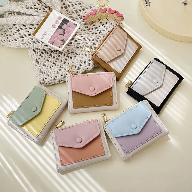 

PU Leather Short Wallet for Women macaron colors Small Purse Card Holder Money Clip girls university student