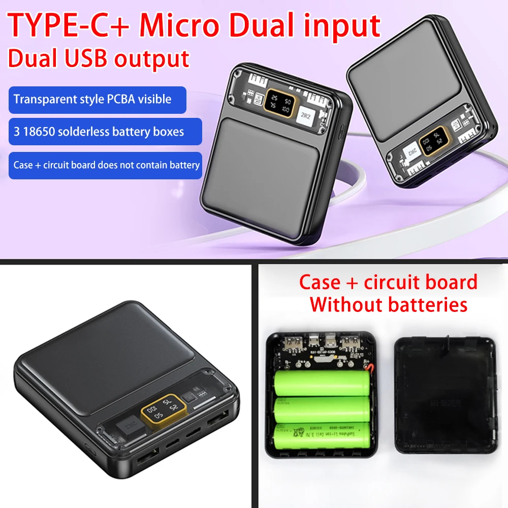 Power Bank Case Power Bank Battery Power Bank Box Power Bank Shell Kit with Digital Display 3-section 18650 Battery Pack No Welding DIY Transparent Accessories