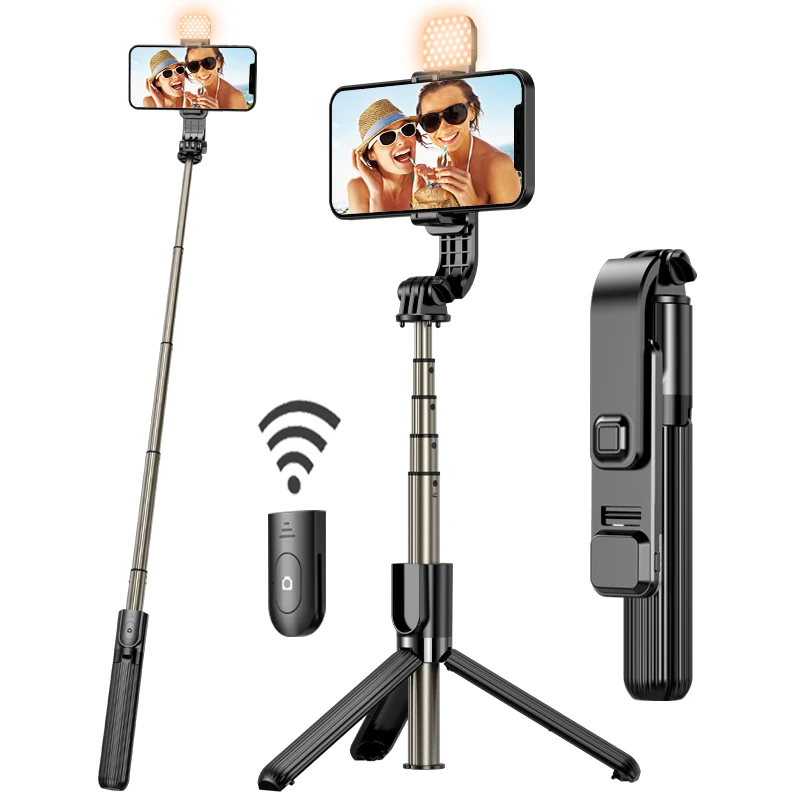 Trepied extensibil pentru selfie cu lumină de umplere, telecomandă wireless, compatibil cu iPhone, Samsung, Google_voghion.com