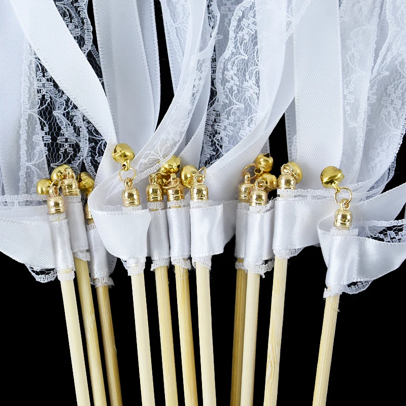 5Pcs White Ribbon Wands Fairy Sticks Wedding Twirling Lace Streamers With Golden Silver Bell Wedding Party Cheering Prop