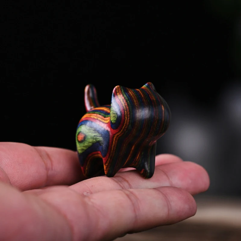 Rainbow Wood Carving Cat Sculptures Cat Ornaments Cute Colored Wooden Cat Desktop Office Accessories Home Decor Gift Souvenirs