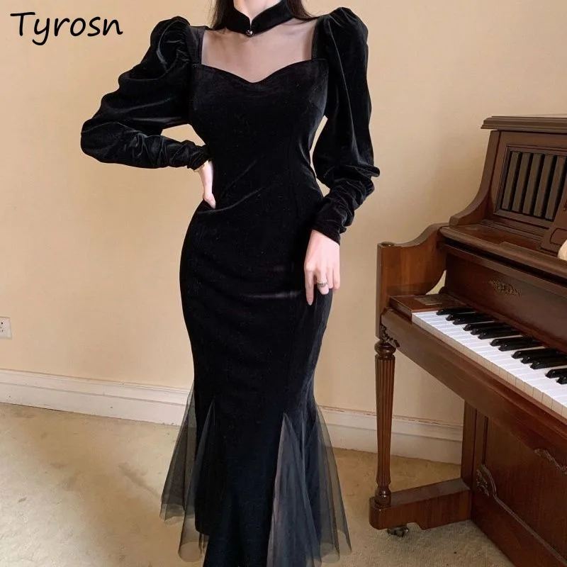 

Long Sleeve Dresses Women French Vintage Slim Velour Mesh Patchwork Fairycore Elegant Famous Lady Midi Streetwear Vestidos Ins