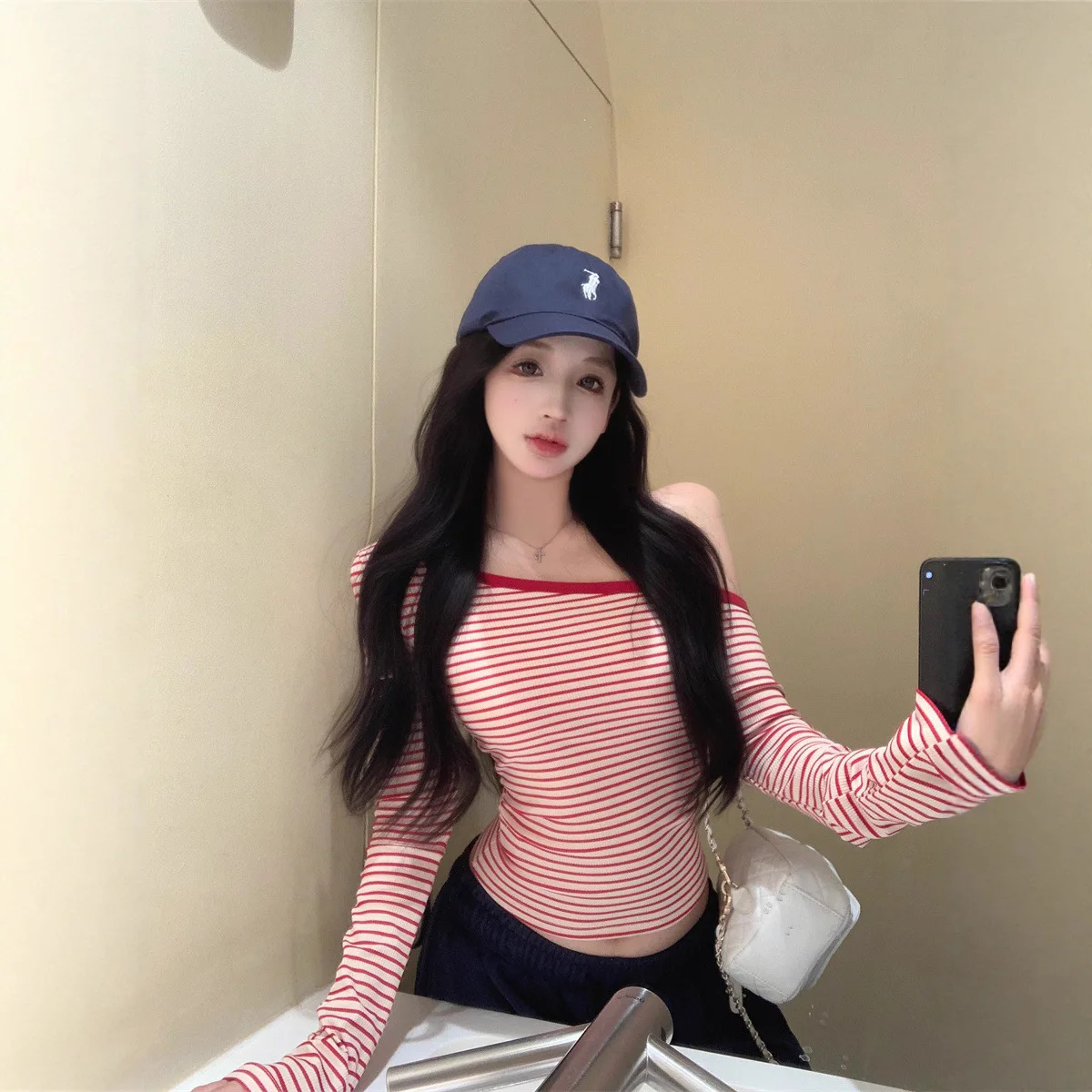 Red Striped Long Sleeve Women T Shirt Autumn Spring