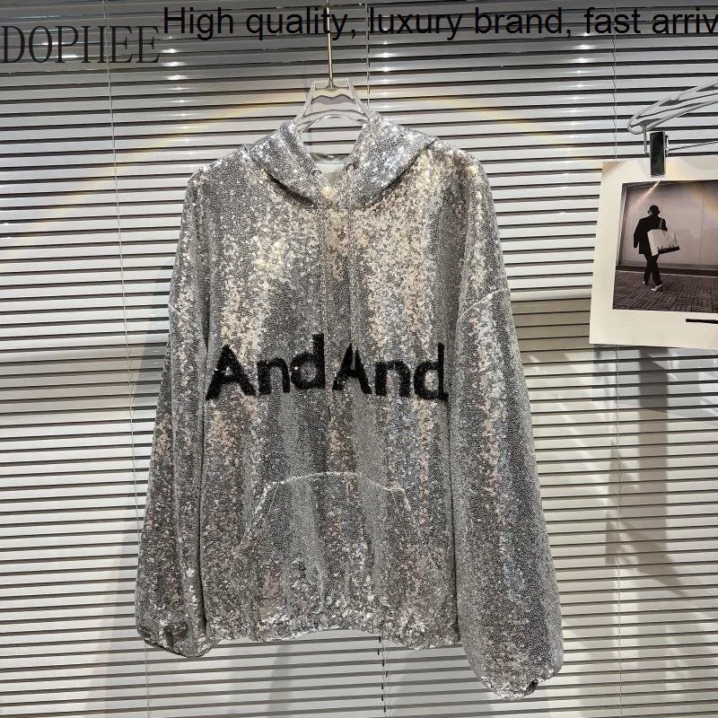 

Sliver Sequins Blingbling Female Sweatshirt 2023 New Autumn Hooded Big Pocket Sweatshirts Trendy Streetwear Loose Hoodie Tops