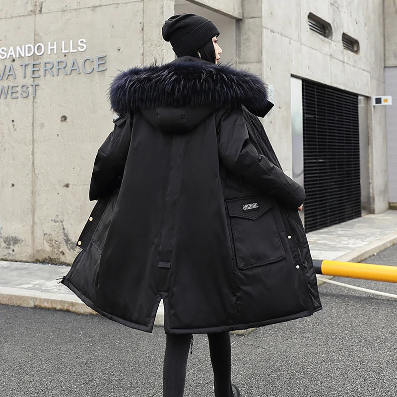 Winter New Women'S and mens Hooded Down Jacket Oversized Long Loose Clothing Coat Korean Fashion big fur Warm white duck down