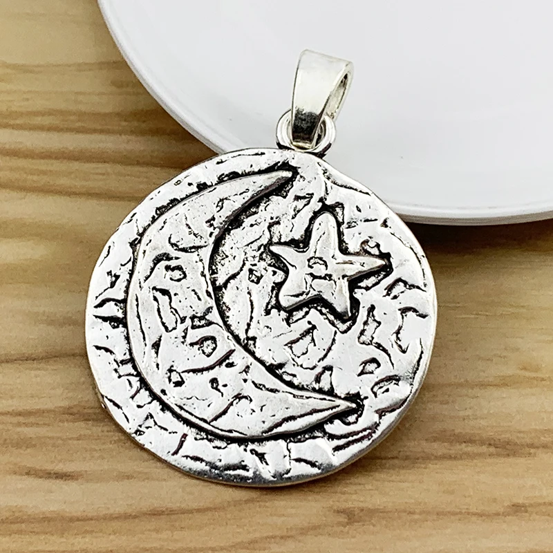 

2 Pieces Tibetan Silver Large Round Hammered Moon & Star Charms Pendants For DIY Necklace Jewelry Making Accessories 55x50mm