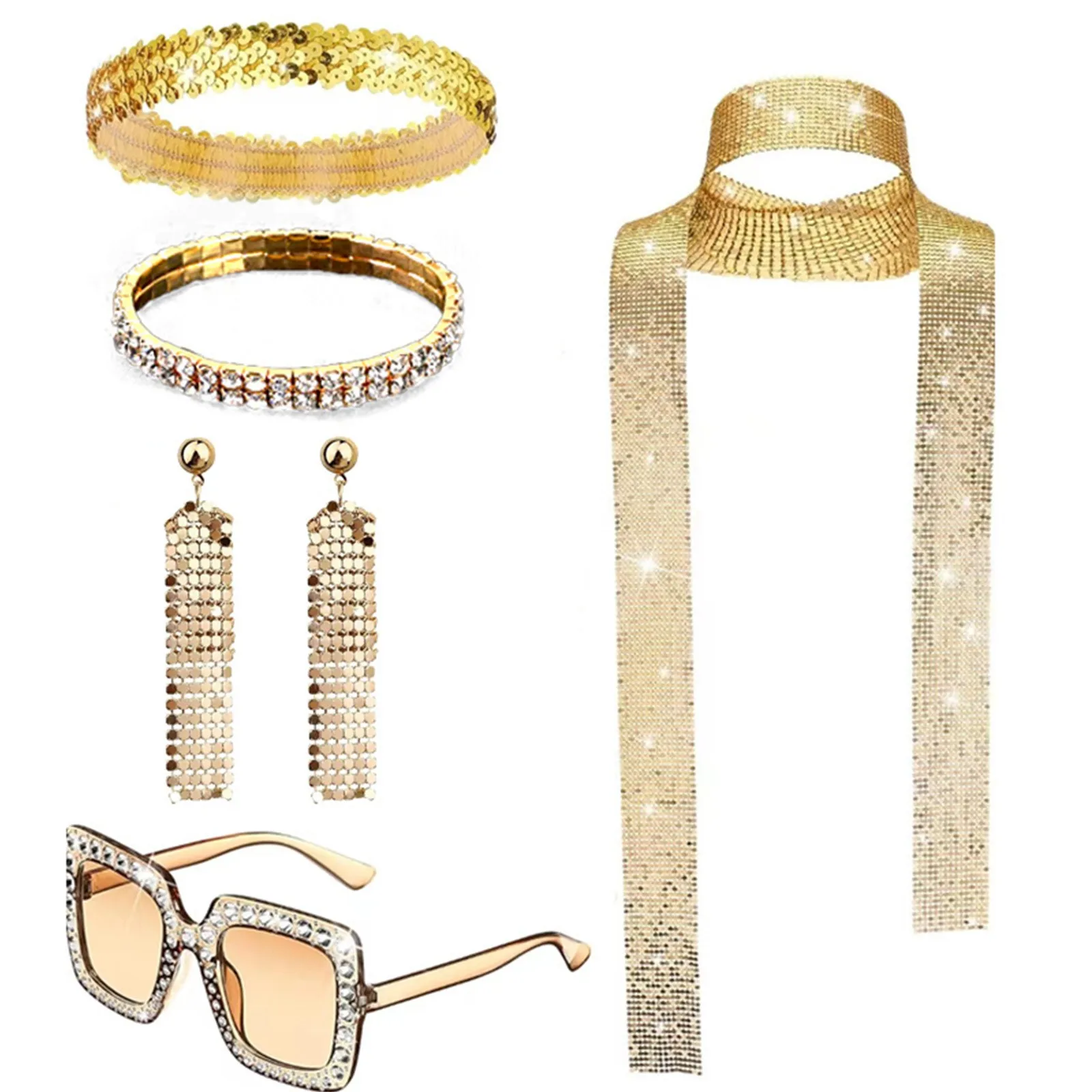 5 Pieces 1970s Disco Costume Set Disco Accessories Bling Sunglasses Long Scarf and Earrings 70s Jewellery Sets Cosplay Outfits 2