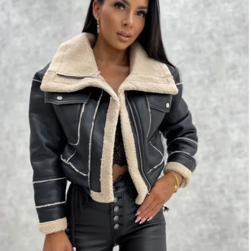Faux Leather Jackets Women PU Short Thick Warm Black Outwear Female Aviator Retro Lapel Velvet Coat New Year Winter Tops YDL06