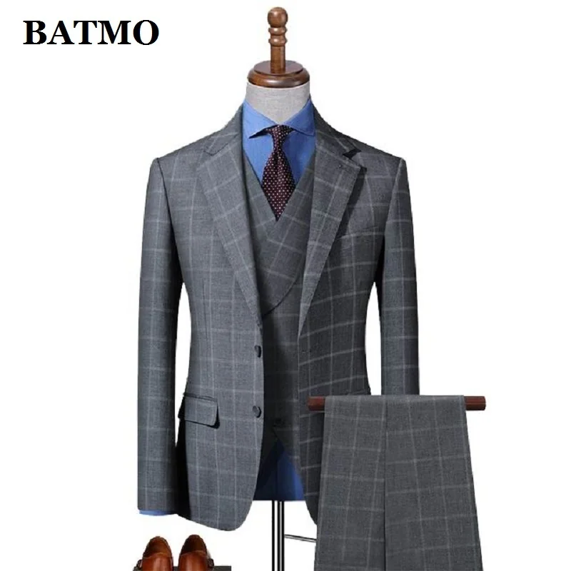 

BATMO 2024 new arrival high qulaity grey plaid suits men,casual two Splits ,622