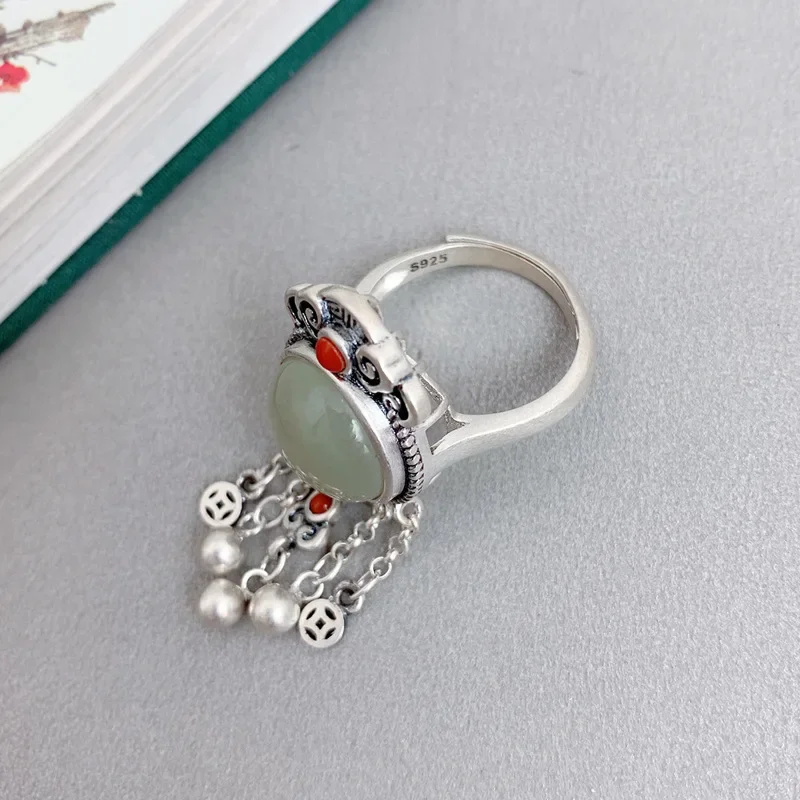 Chinese Style 925 Sterling Silver Tassel Ring For Women Girls Vintage Ethnic Handmade Jade Adjustable Open Rings Jewelry JZ132