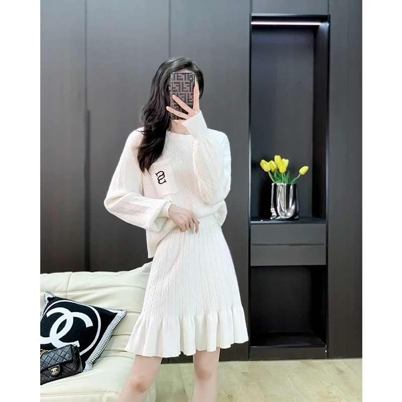 

WTIANYUW High Quality Women Knitting 2 Piece Set Winter Autumn O Neck Lantern Sleeve Pullovers+Ruffles Mini Skirts Suits