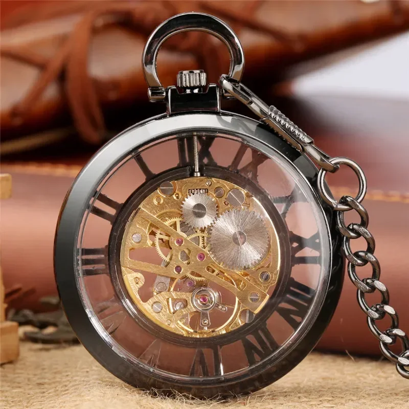 럭셔리 핸드 와인딩 기계식 로마 숫자 Steampunk 포켓 시계 오픈 페이스 블..