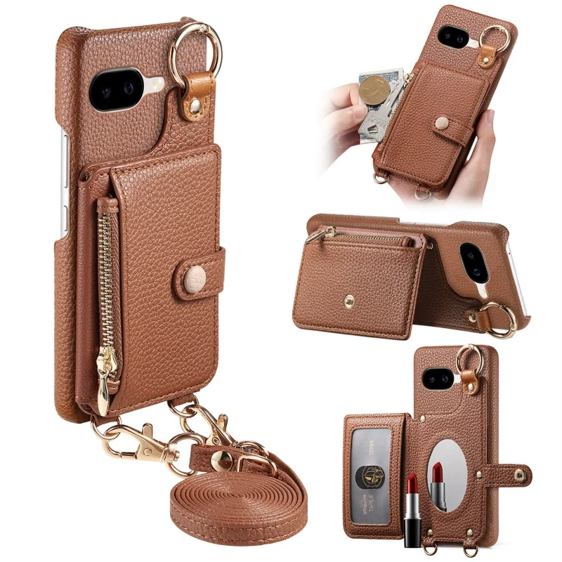 Crossbody Lanyard Leather Wallet Phone Case with Zipper Card Slots Holder
