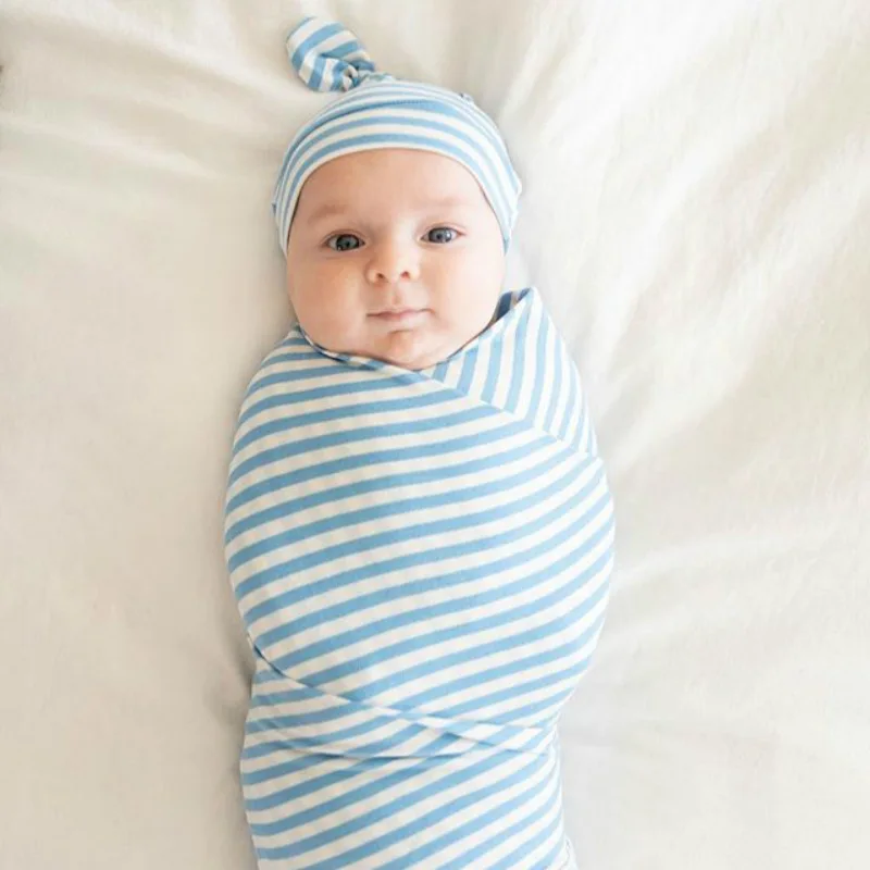 2-Piece Baby Receiving Blankets Cotton Gauze Blanket Striped Towel Cap Blanket for Newborn Muslin Diaper Bedding Cov
