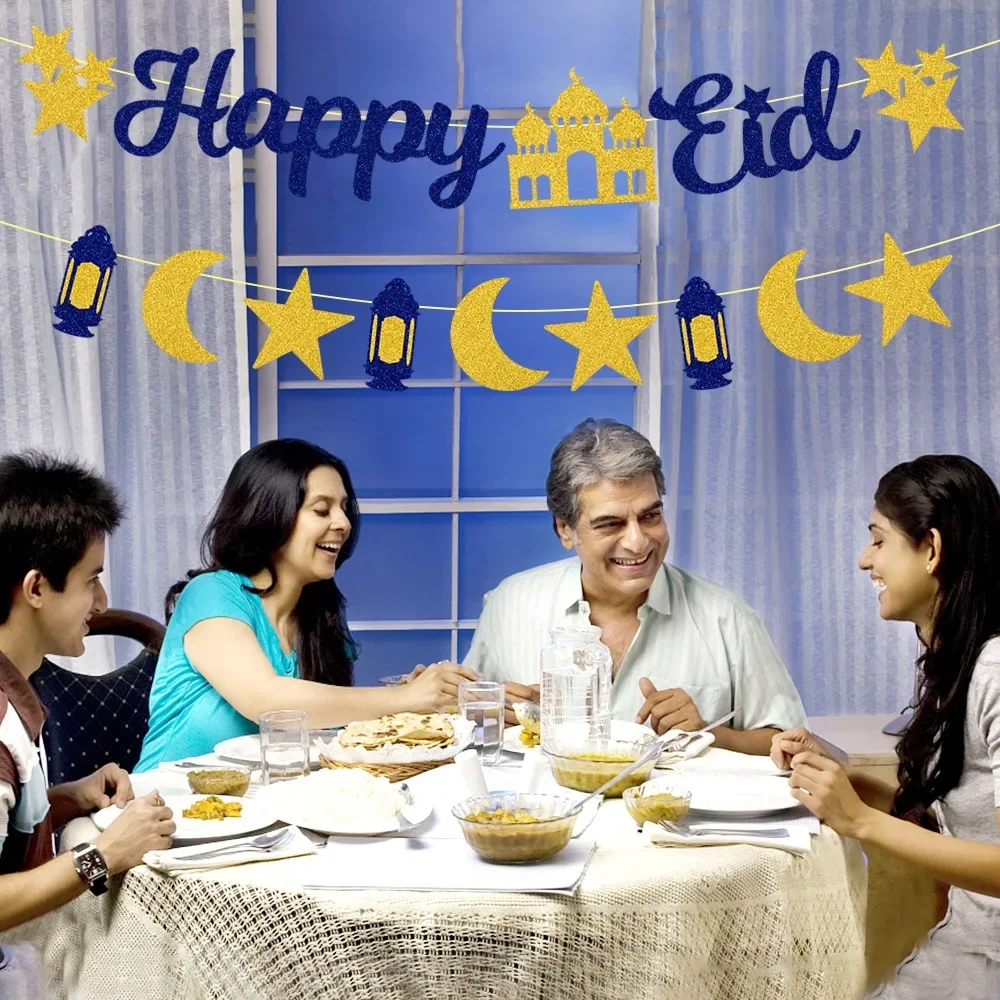 Modrá zlato eid mubarak prapor hvězda luna hrad závěsný přívěsky ramadánu muslimové girlanda št'astný eid mubarak večírek dekorace