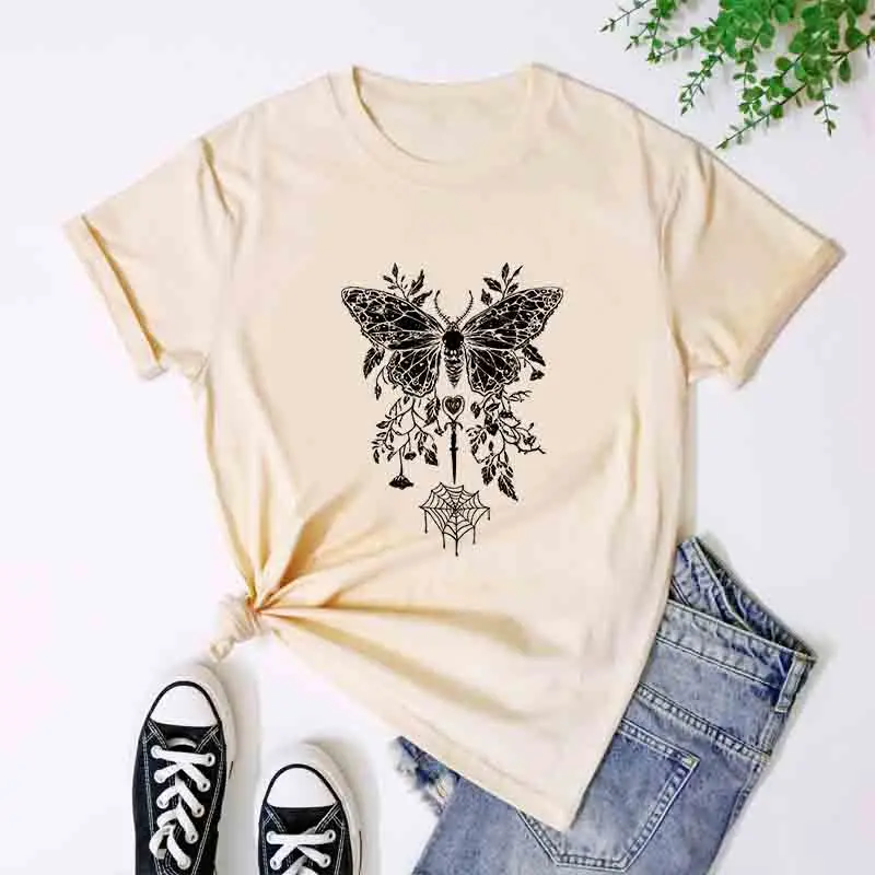 Pentagram Moth and Spider Web T-shirt, Cute Yet Eerie Y2K Pastel Gothic Style, Pastoral Dark Preppy Style Alternative Punk Style 6