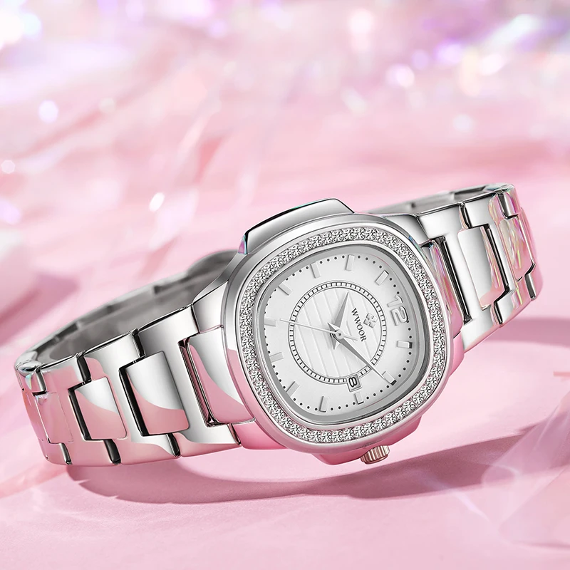 WWOOR Luxury Women White Watch Fashion Ladies Diamonds Quartz Wristwatch Calendar Female Clock Bracelet Watch New Elegant Reloj