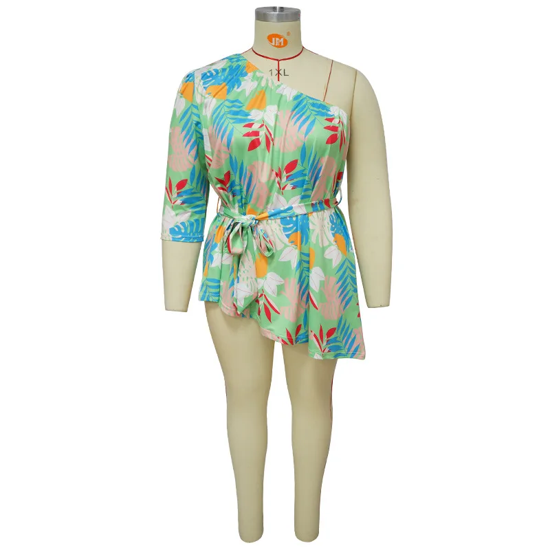 Plus Size Women Tops Leaf Print One Shoulder Shirt For Lady Fashion Casual Outfit Female Belt Cloth 2023 Summer Large Size Tops