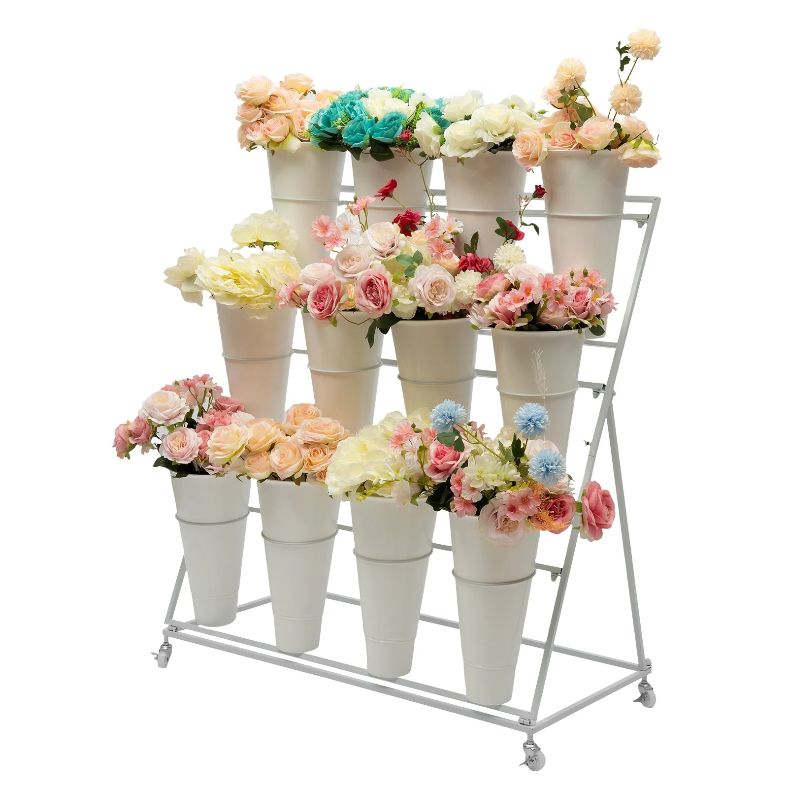 3 Layers Flower Display Stand Movable Modern Metal Plant Shelf with 12Pcs Flower Buckets & Wheels for Home Garden Patio Balcony plant stand