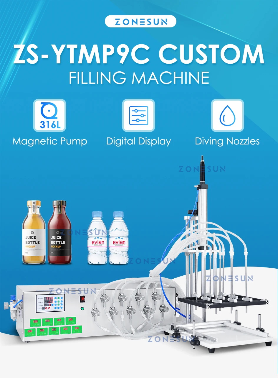 ZONESUN ZS-YTMP9C Neumático 9 Boquillas de buceo Bomba magnética Máquina de llenado de líquidos 