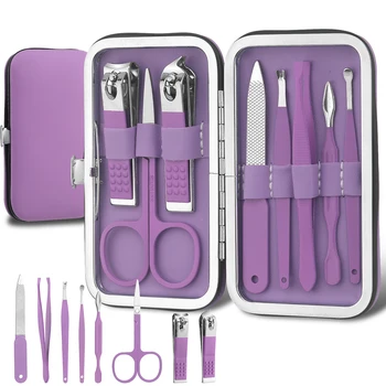 Tagliaunghie e set portatile per strumenti di bellezza, set manicure Martensitic in acciaio inossidabile 8 in 1, con borsa in pelle colorata 1