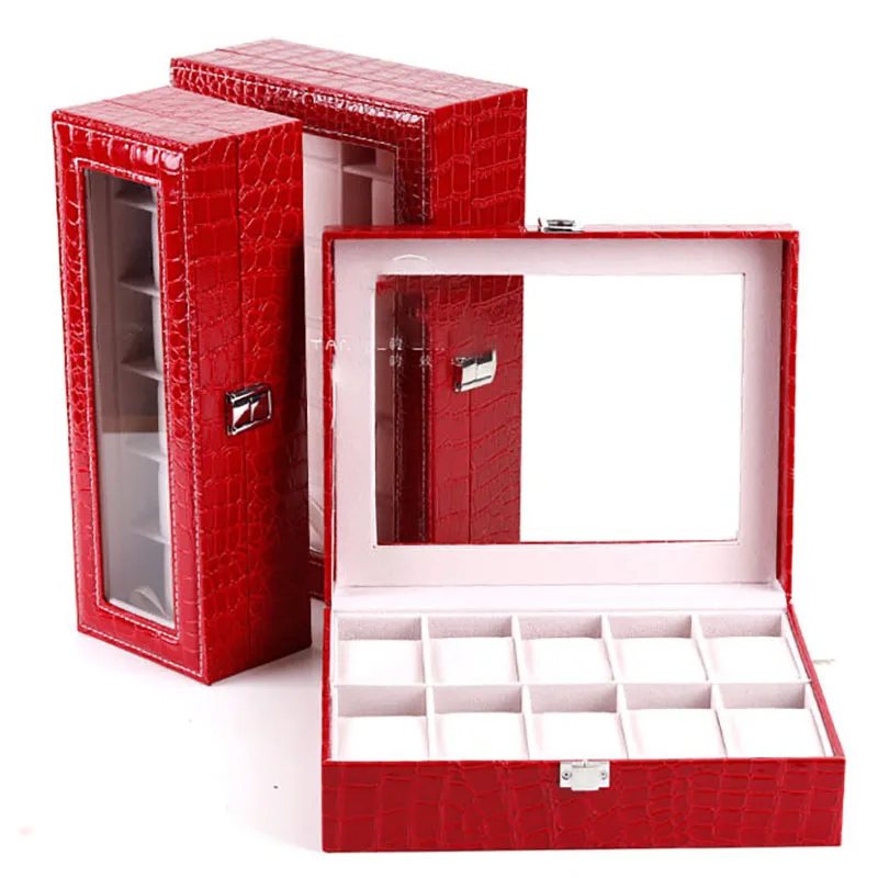 

6/10/12 Grids Red Watch Box PU Leather Case Holder Organizer Storage Box for Quartz Watches Jewelry Boxes Display Men Women Gift