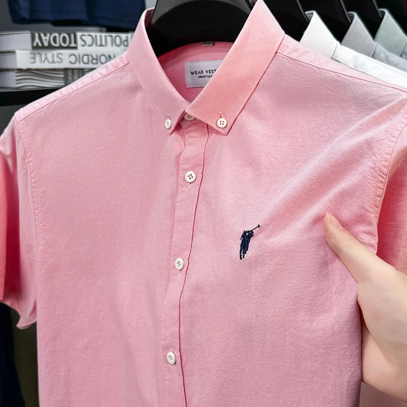 Solid Color Cotton Embroidered Small Horse Logo Shirt, Men's Short Sleeved Casual Versatile High-end Spring and Autumn Shirt