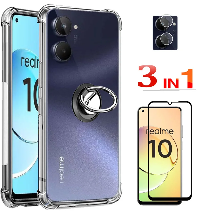  Funda para Realme 10 compatible con Realme 10 con protector de  pantalla de vidrio templado, PC + TPU 2 en 1, soporte de anillo, efecto  luminoso, YGH-YH : Electrónica