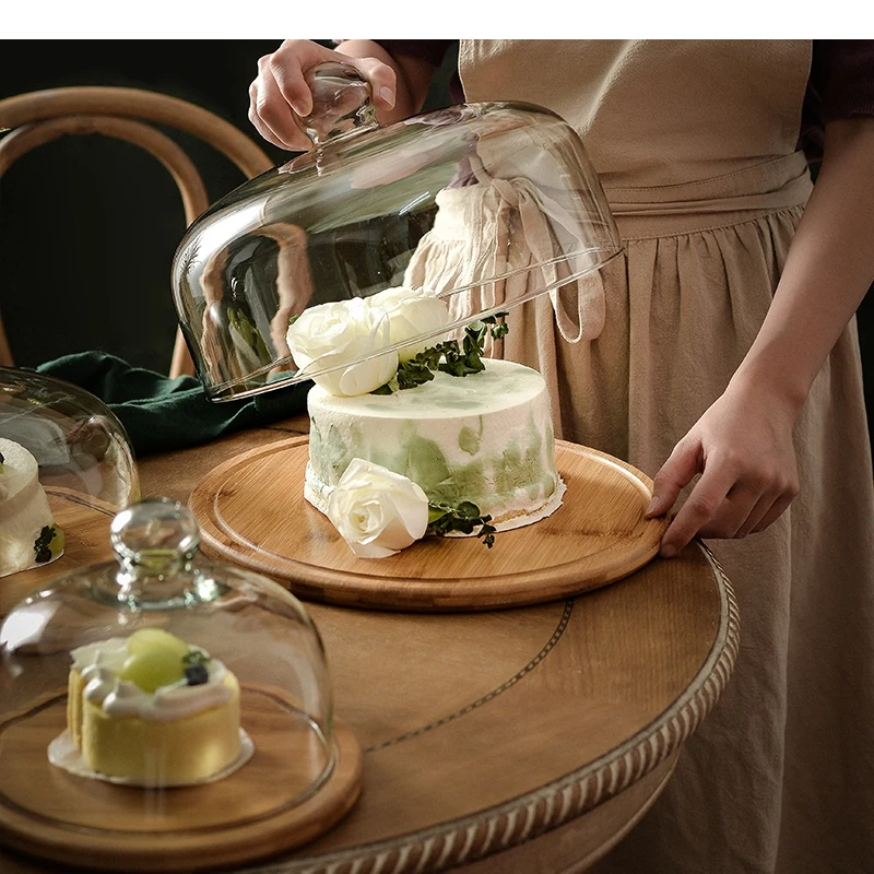Simple Wooden Cake Stands Glass Cover Bread Pastry Dessert Plate Home Kitchen Tools Fruit Display Snack Trays