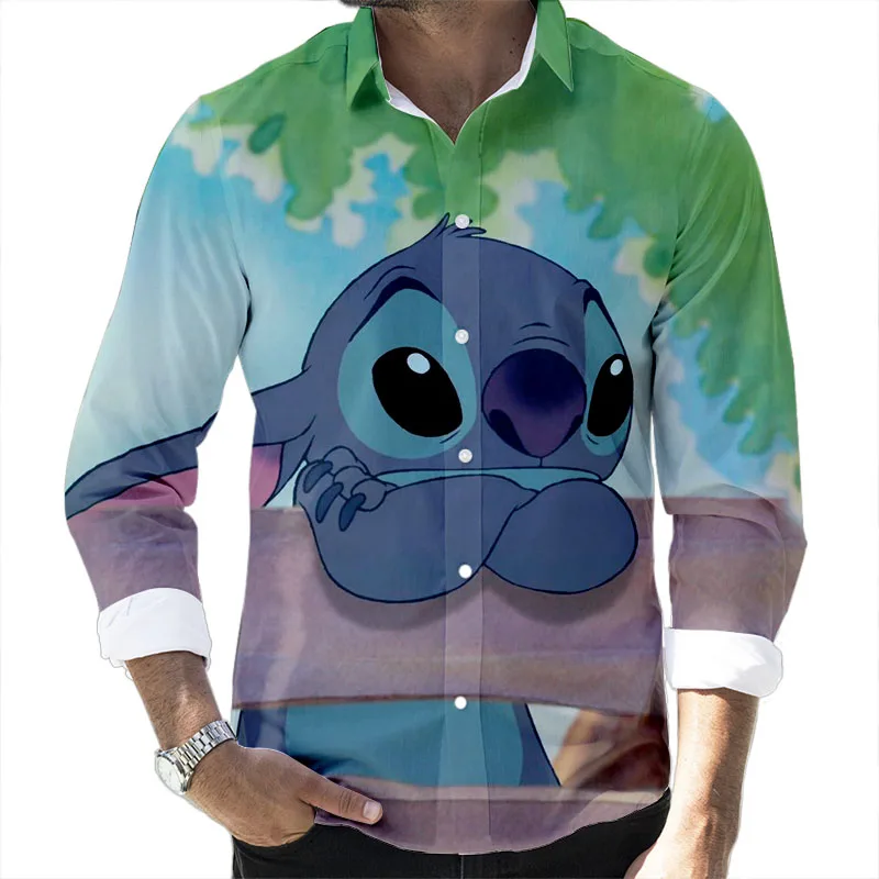 Mickey Minnie Donald Duck Cartoon 2024 Spring Harajuku New Fashion Casual 3D Printed Long Sleeve Lapel Shirt Slim Men's Top