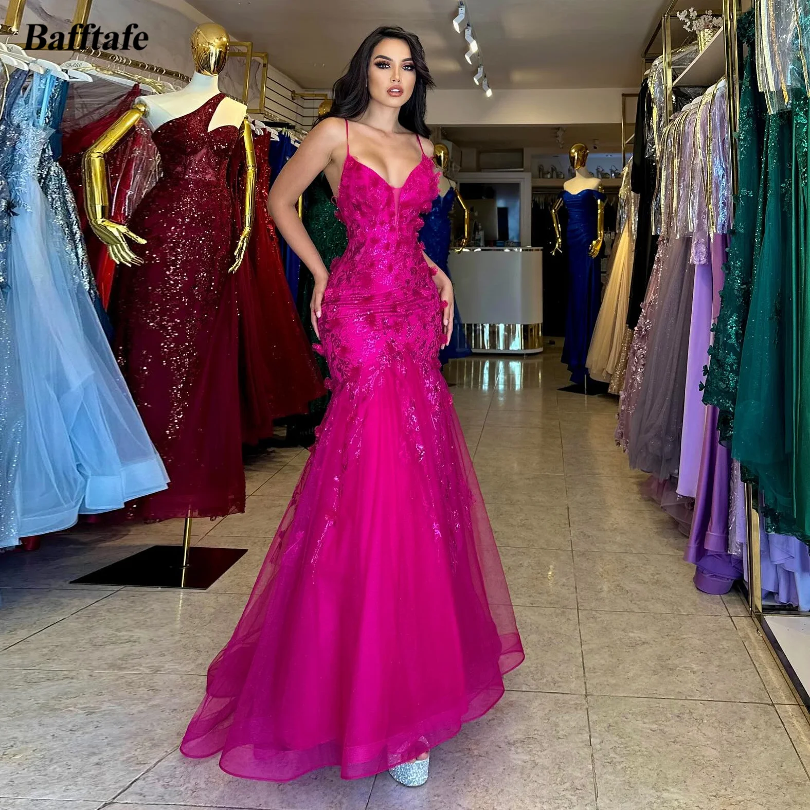 Vestidos sirena de satén con tirantes spaghetti Fucsia Tallas Grandes