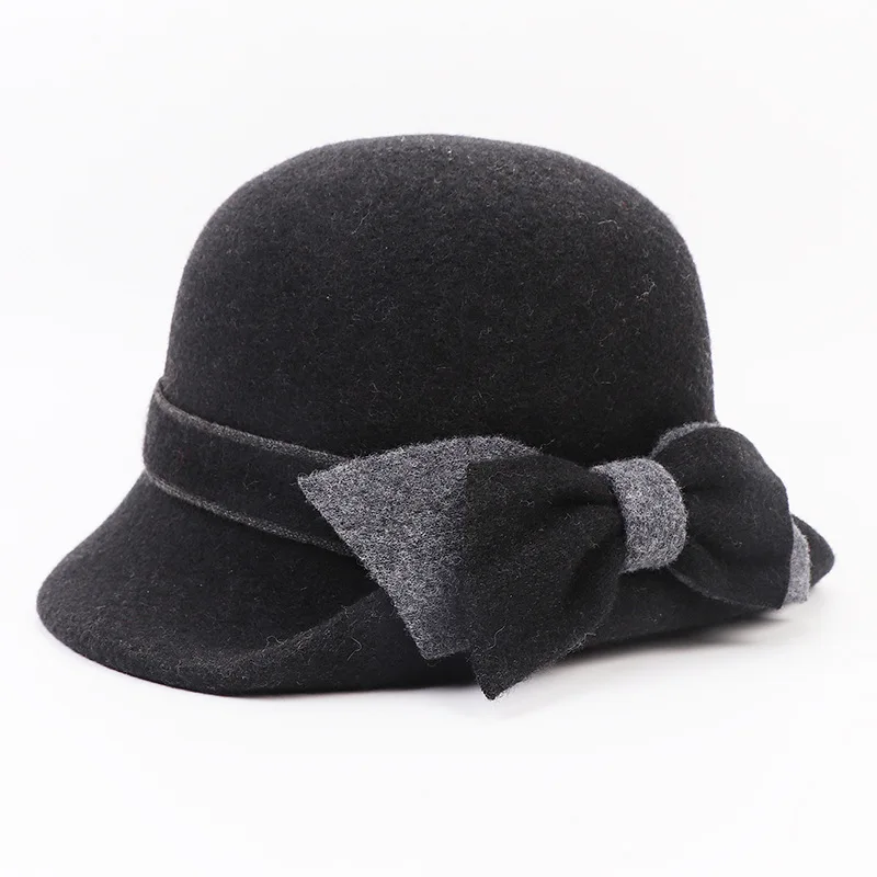 

Elegant Camel Wool Hats For Women With Solid Color Spring Autumn Wedding Church Wine Red Fedoras Ladies Black Bowler Cap Female